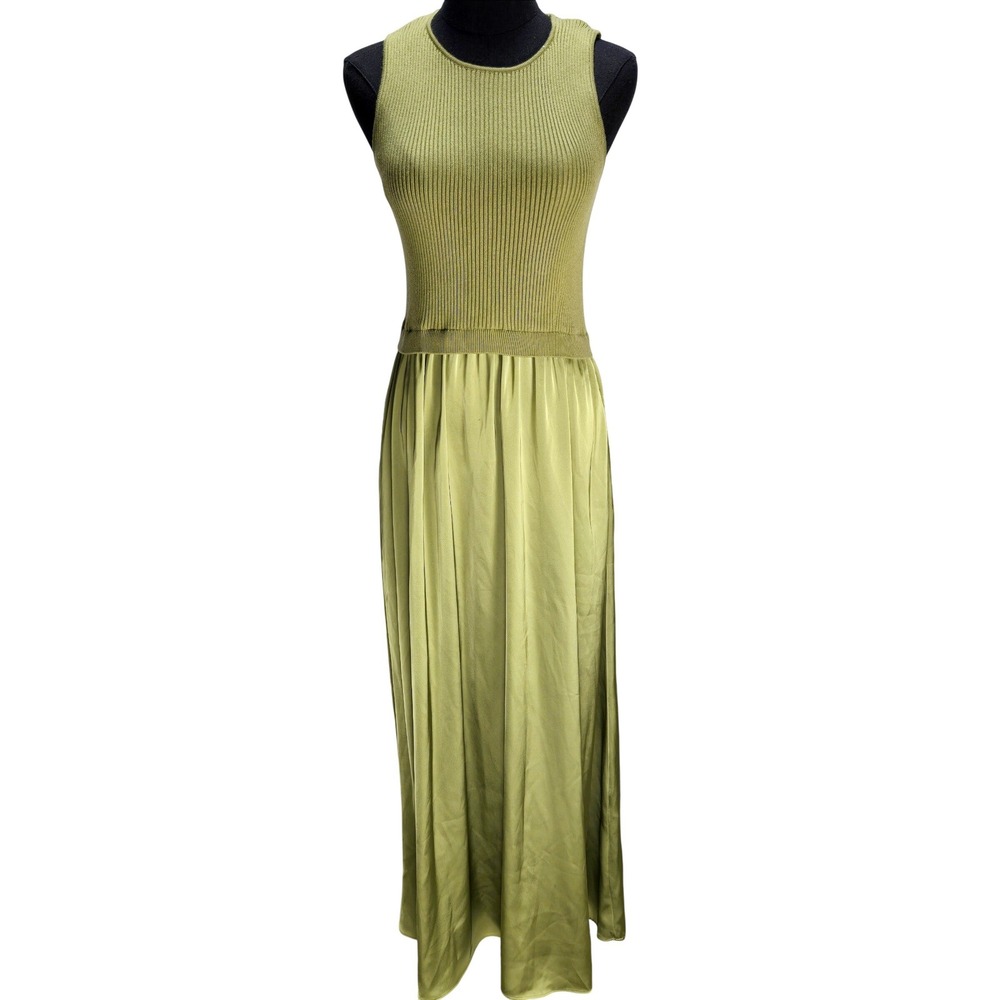 Women's Taylor Small Pistachio Green Mixed Media Ribbed Satin Maxi Dress R